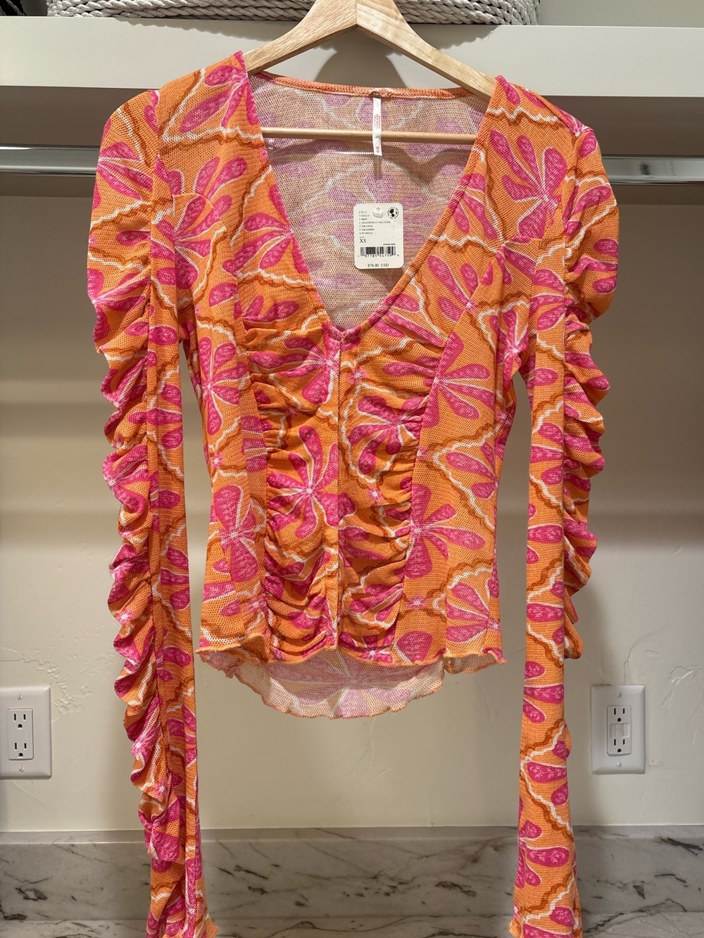 Free People Ruched V-Neck Floral Long-Sleeve Top in Orange & Pink